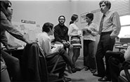 Sam Brown and colleagues  meeting in Washington, D.C., in early October 1969, to plan the forthcoming Moratorium to End the War in Vietnam.  National anti-Vietnam War protests scheduled for mid-October and mid-November 1969 shaped Nixon's decision to postpone plans for escalating the war. (U.S. News and World Report Collection, item 21557, image 31A, Print and Photographs Division, Library of Congress)